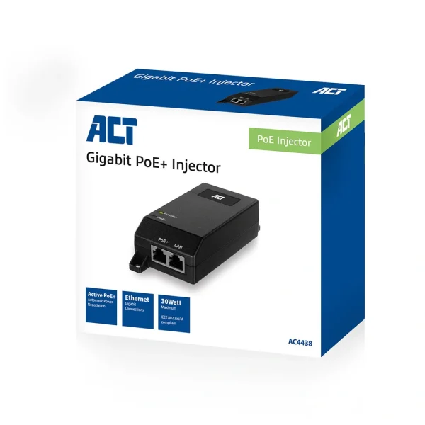 ACT AC4438 10/100/1000 PoE+ injector, 30W