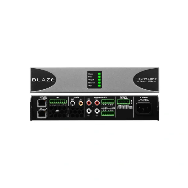 Blaze Audio POWERZONE CONNECT-122D, 2x60W (Lo-Z), 1x120W (100V) D-osztályú mátrix végfok alacsony impedanciás (4-16 Ohm) web GUI, Dante