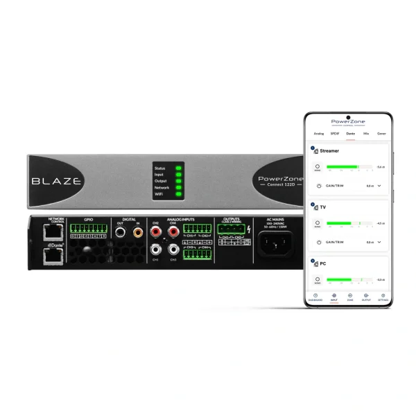 Blaze Audio POWERZONE CONNECT-122D, 2x60W (Lo-Z), 1x120W (100V) D-osztályú mátrix végfok alacsony impedanciás (4-16 Ohm) web GUI, Dante