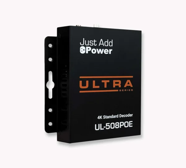 Just Add Power J+P-VBS-HDIP-508POE 3G Video over IP vevőegység, 4K kimeneti felbontás, beépített skálázó.