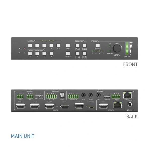 PureTools PT-PSW-42MV Seamless prezentációs Switcher, 4x1, Multi-View, 4K, HDBaseT és HDMI kimenet