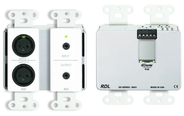 RDL DD-BN31 falba építhető 4x4-es Dante interfész, 2xXLR in, 1xJack in, 1xJack out, 2x out, fehér