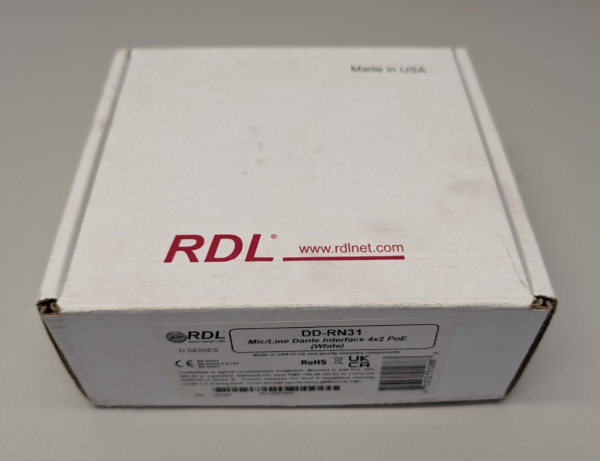RDL DD-RN31 falba építhető 4x4-es Dante interfész, 2xXLR in, 2xRCA in, 1xJack in, 1xJack out, fehér