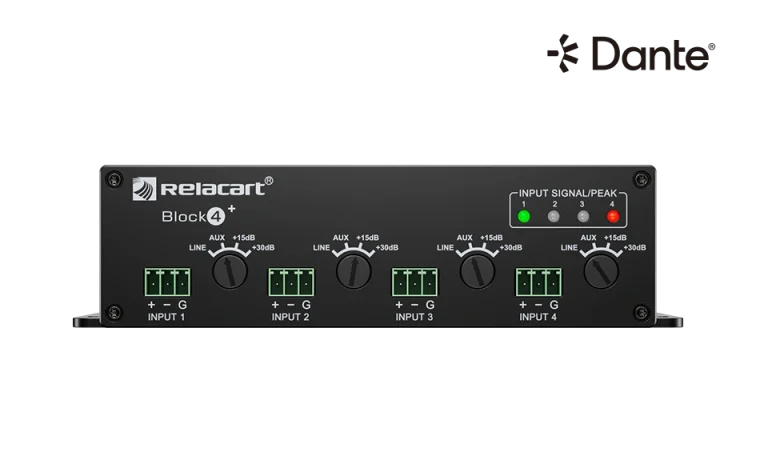 Relacart BLOCK4+ Dante interfész, 4 analóg bemenet, 4 analóg kimenet, mikrofon/aux/vonal, 4x4 Dante