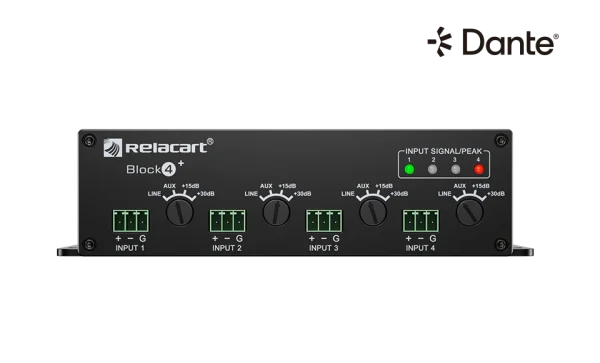 Relacart BLOCK4 Dante interfész, 4 analóg bemenet, 4 analóg kimenet, mikrofon/vonal, 4x4 Dante