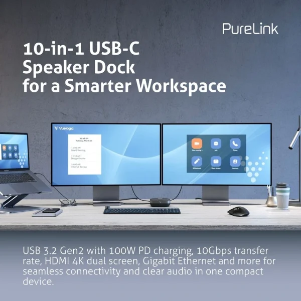 VueLogic VL-SD200, 10-az-1-ben asztali Speakerdock, 5W hangszóró, USB-C 3.2 Gen2 bemenet, Gigabit Ethernet.